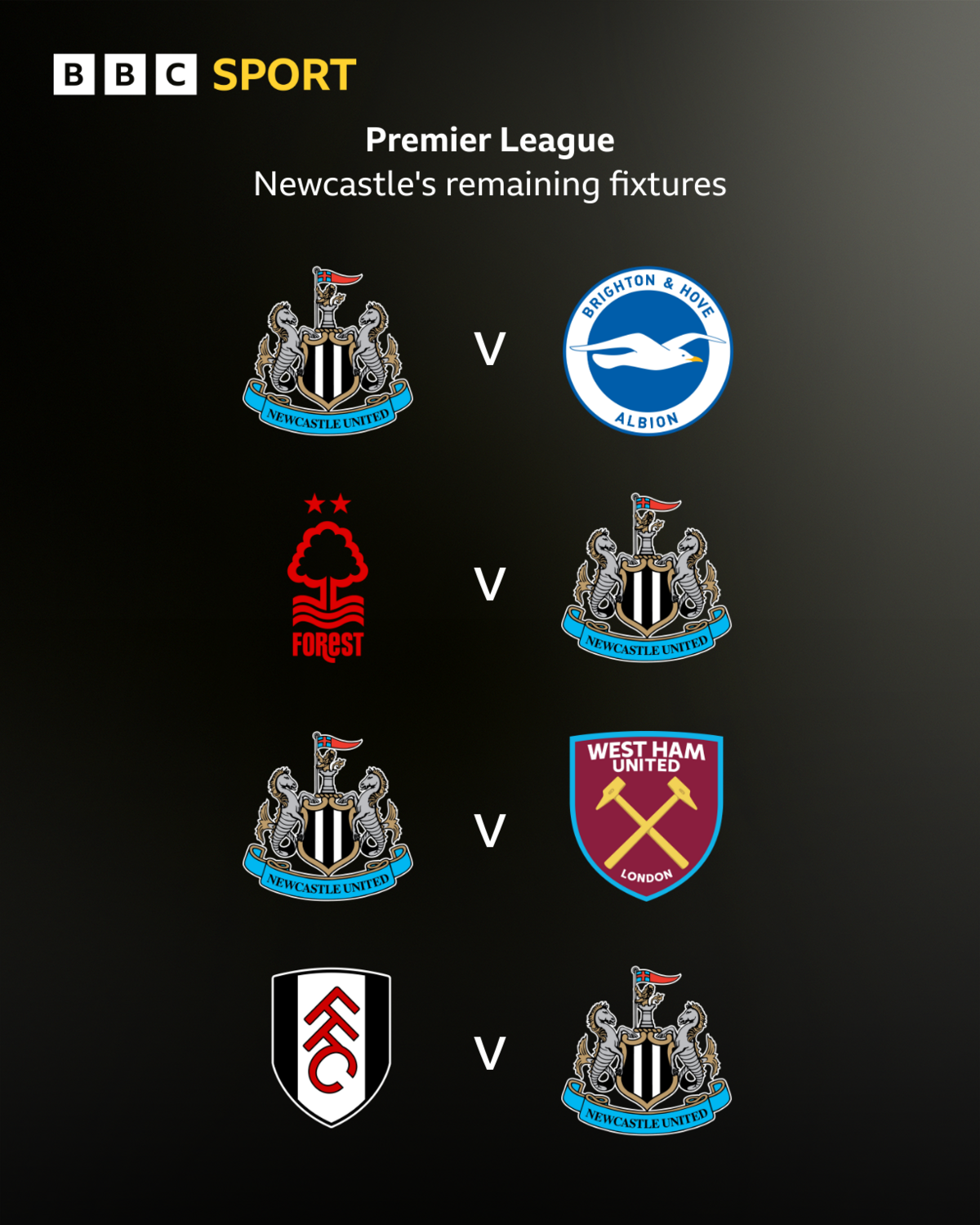 BBC SPORT
Premier League
Newcastle's remaining fixtures
NEWCASTLE UNITED V BRIGHTON & HOVE ALBION
Nottingham FOREST V NEWCASTLE UNITED
NEWCASTLE UNITED V WEST HAM UNITED
Fulham V NEWCASTLE UNITED