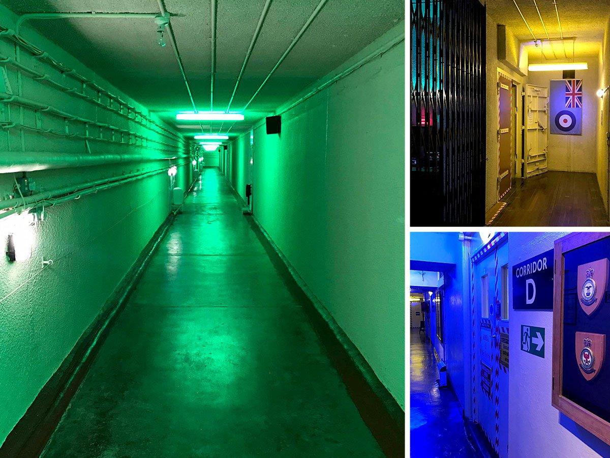 Three photos showing RAF Holmpton corridors