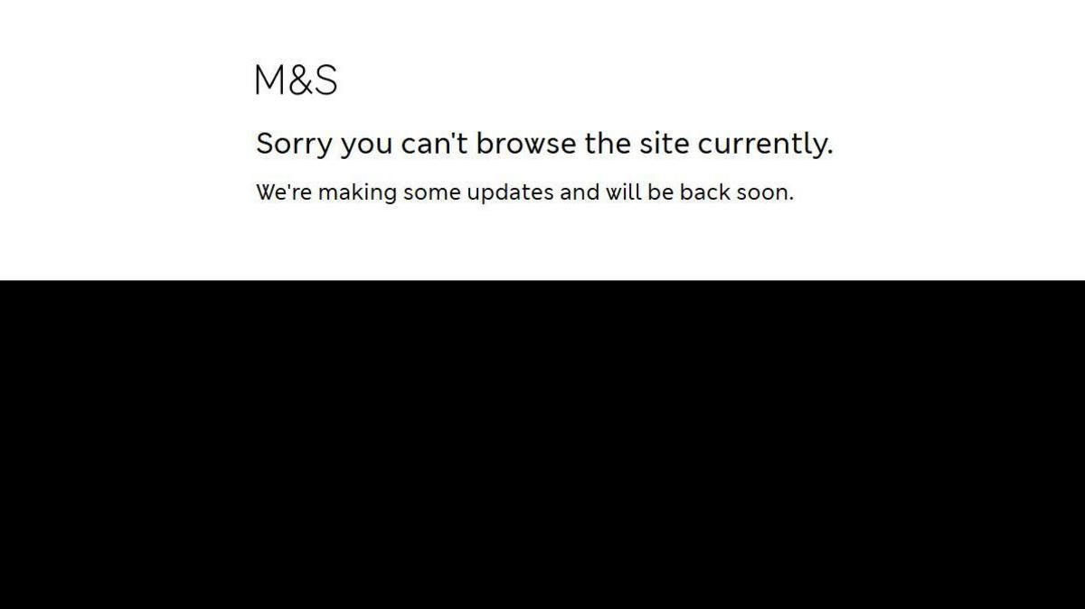 A screengrab of what the M&S website looks like. it is split in two horizontally. Top half is white with black writing and bottom half is black