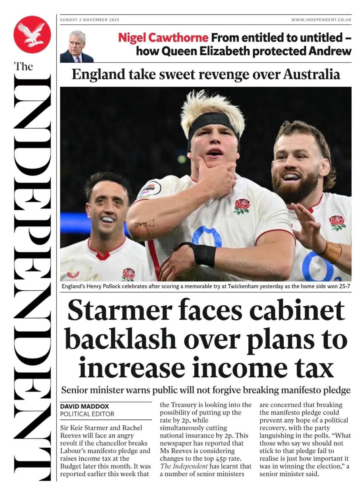 "Starmer faces cabinet backlash over plans to increase income tax," reads the headline on the front page of the Independent