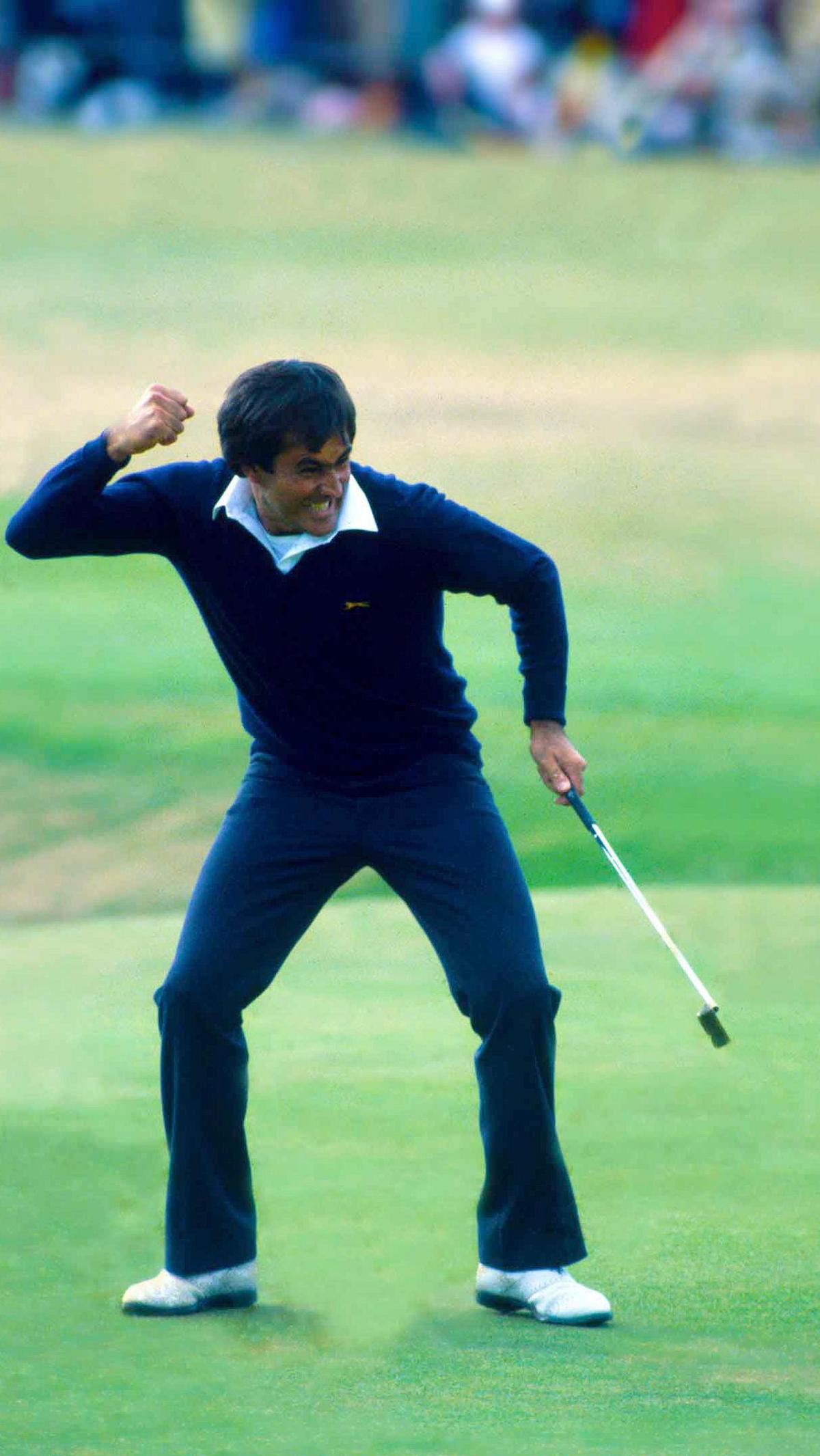 Seve Ballesteros celebrates winning the 1984 Open Championship at St Andrews