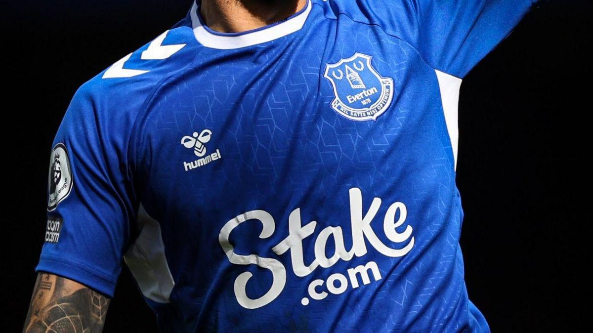 Stake logo on a blue Everton football shirt