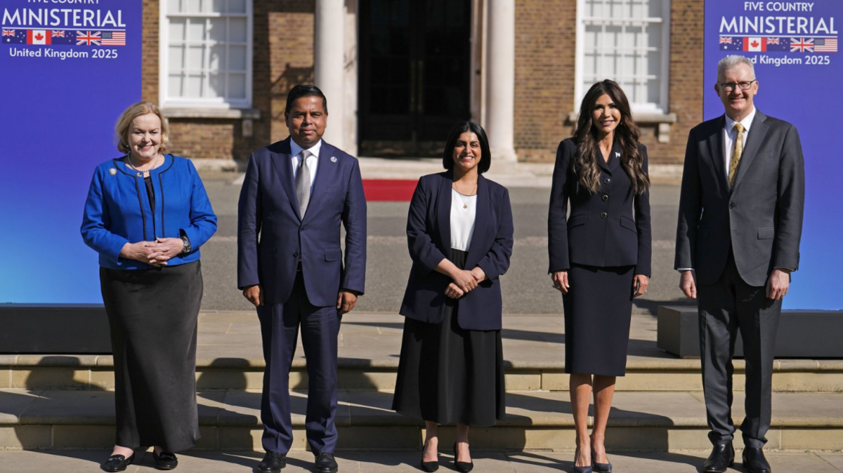  New Zealand minister Judith Collins, Minister of Public Safety of Canada Gary Anandasangaree, Home Secretary Shabana Mahmood, US Secretary of Homeland Security Kristi Noem and Minister for Home Affairs of Australia Tony Burke at a Five Country Ministerial meeting at the Honourable Artillery Company, Armoury House, in the City of London.