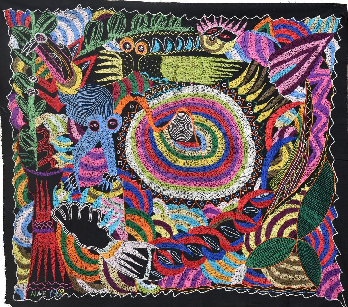 Nike Davies-Okundaye colourful wall hanging, Animal World 1968.
