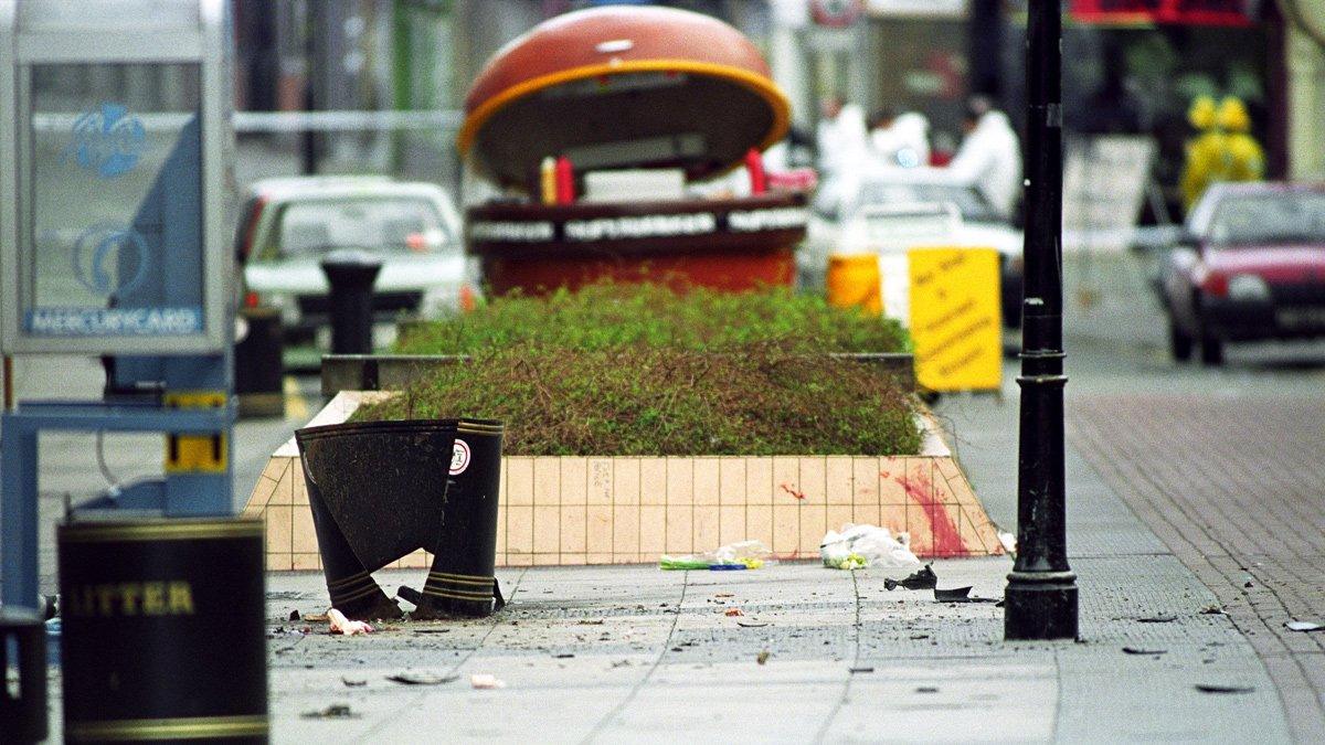 Debris and blood in Warrington after the February 1993 IRA bombing