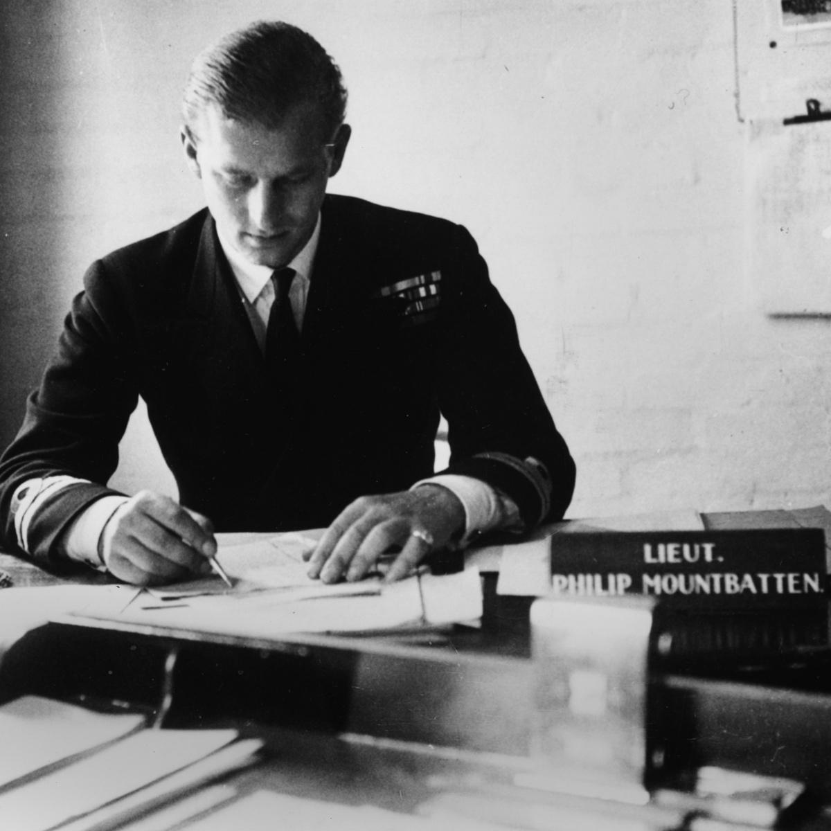 Lieutenant Philip Mountbatten working at Royal Navy offices in Corsham, Wiltshire, 1947