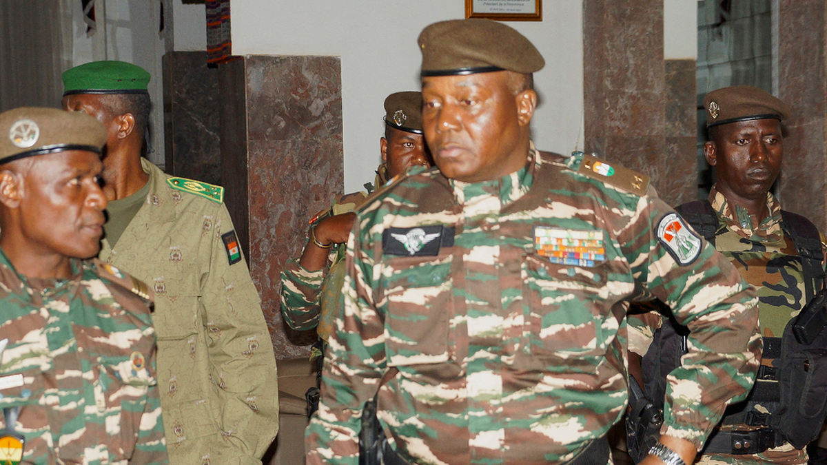 General Abdourahmane Tiani, who was declared as the new head of state of Niger by leaders of a coup, arrives to meet with ministers in Niamey, Niger 28 July 2023