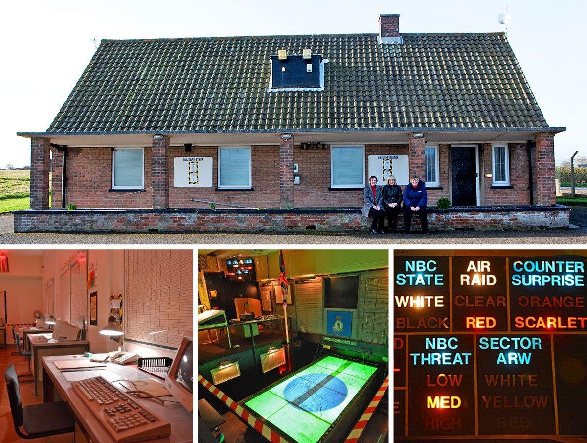 Four photos showing RAF Holmpton above ground as a simple bungalow and below ground showing military rooms.