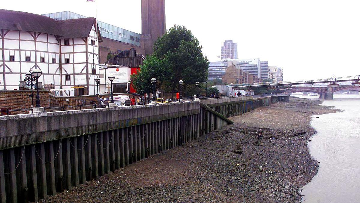 South bank of the River Thames, by the Globe Theatre, in central London