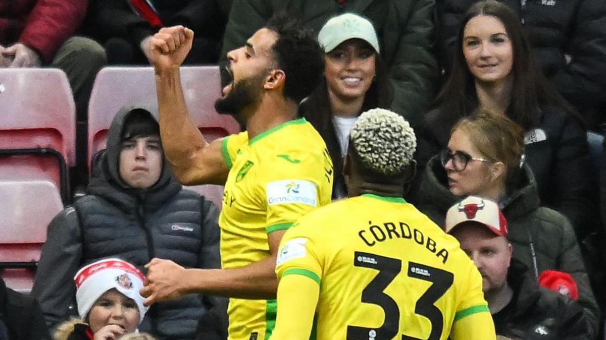 Norwich City's Anis Ben Slimane punches the air after scoring against Sunderland