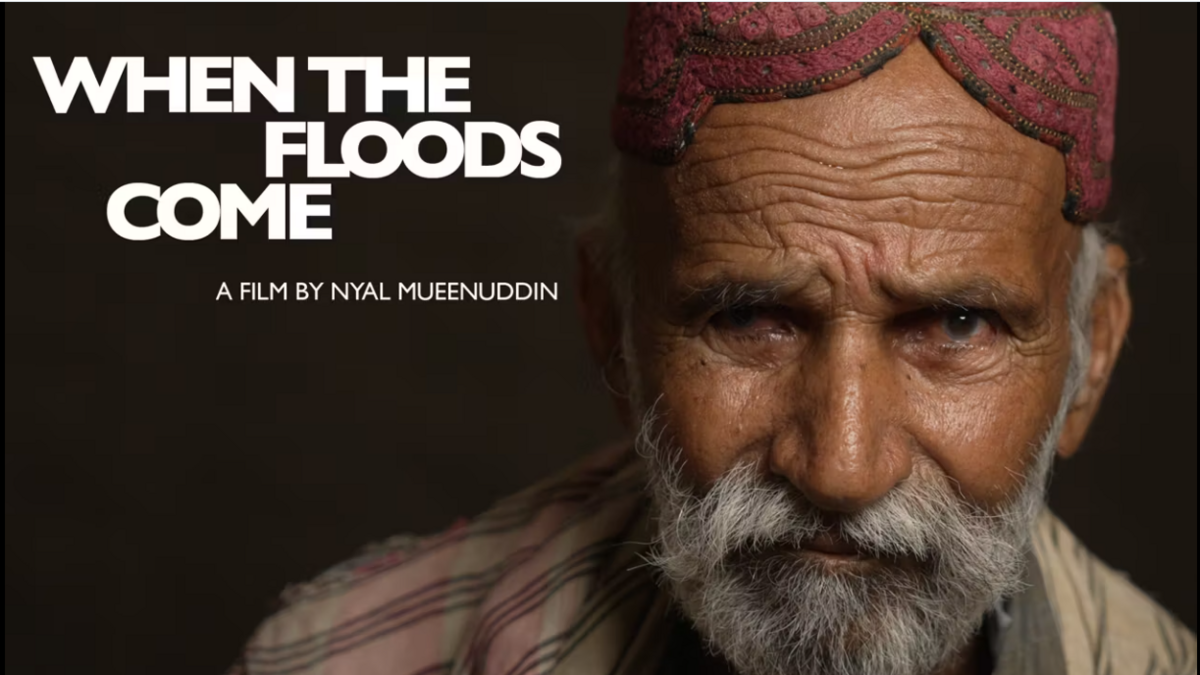 Still image from When The Floods Come, an old, Pakistani man looking into the camera