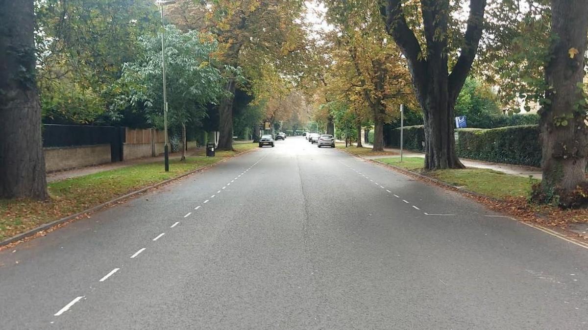 Pittville Circus Road in Cheltenham on an autumn day, lined with trees. There are parking bays on either side of the road but they are largely empty.
