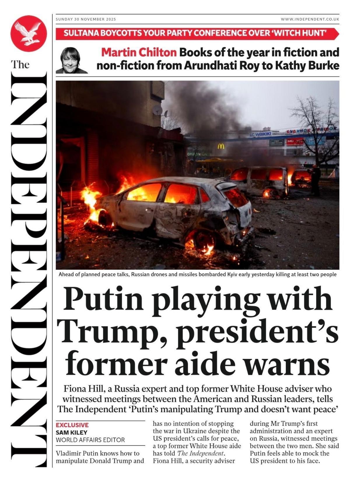 The headline on the front page of the Independent reads: "Putin playing with Trump, resident's former aide warns".