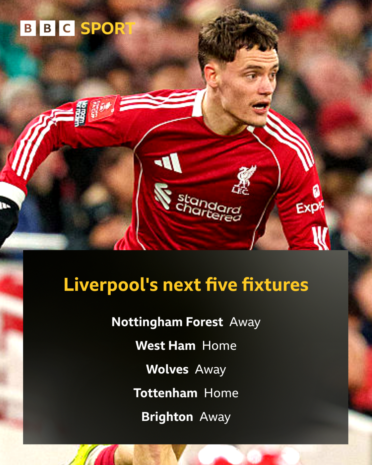 Graphic showing Liverpool's next five fixtures over a picture of Florian Wirtz