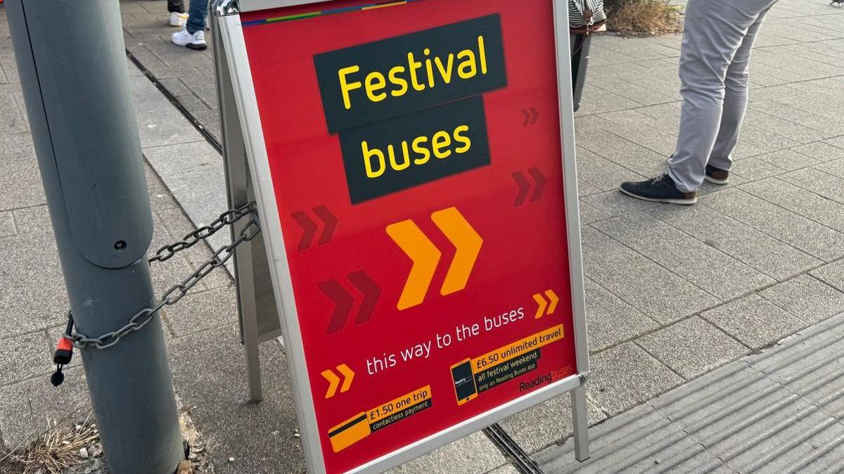 A red and yellow sign on a city sidewalk reads "Festival buses – this way to the buses", with pricing information and people waiting nearby.