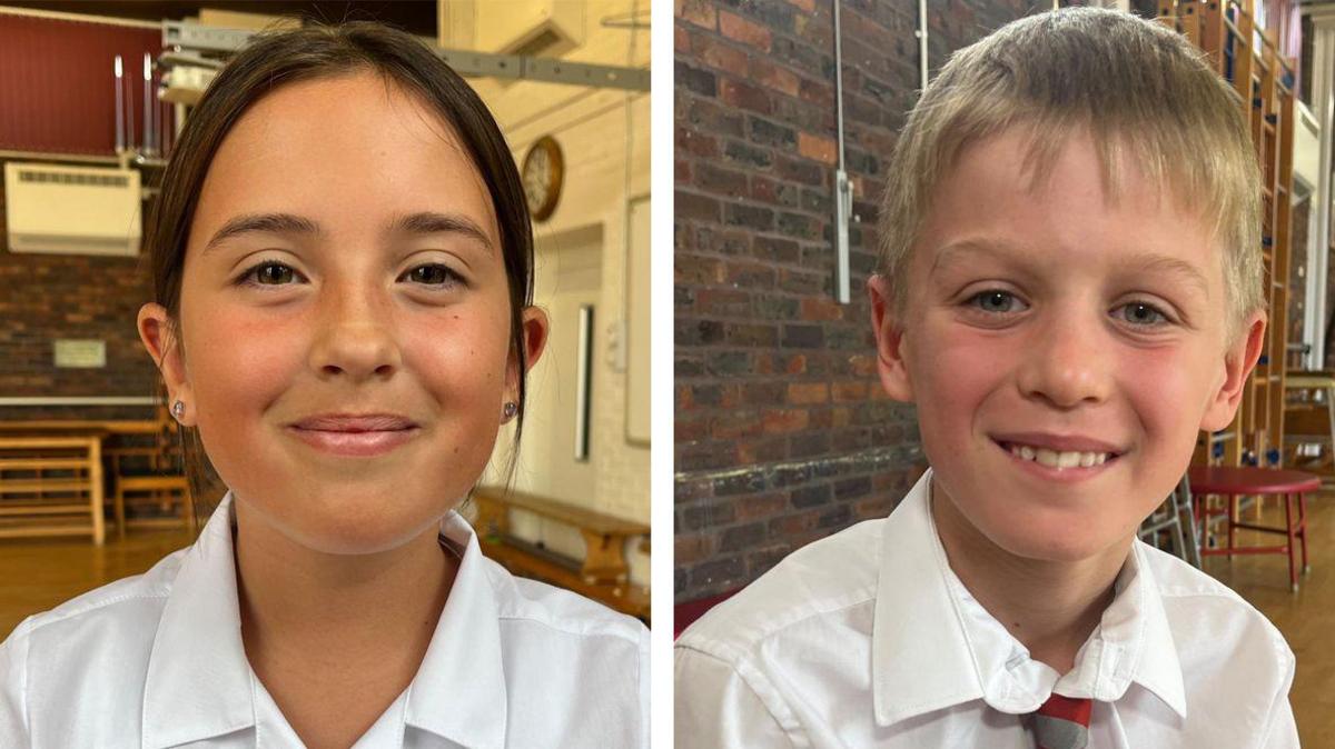 Two photos of children. On the left is a brunette girl smiling in a school gym. A blonde boy is on the right in a different part of the gym. Both are wearing school uniform.