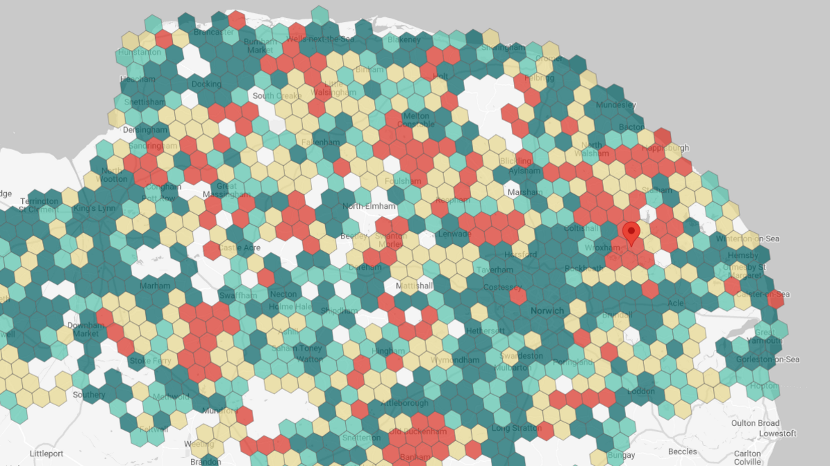 We can see a map of Norfolk covered by hexagons in different colours, reflecting the level of signal coverage in each area