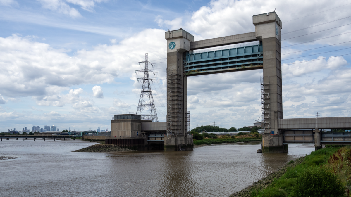 Barking Creek Barrier looms over the River Roding where it meets the River Thames