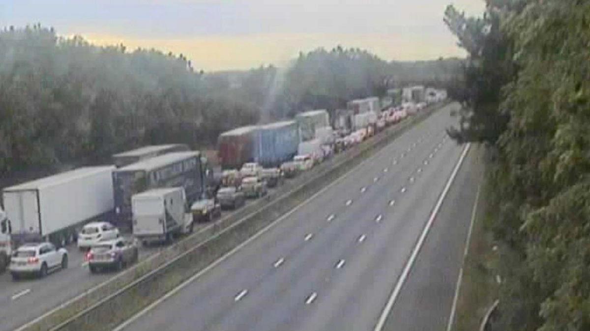 Traffic queueing on the M1 southbound in Leicestershire.
