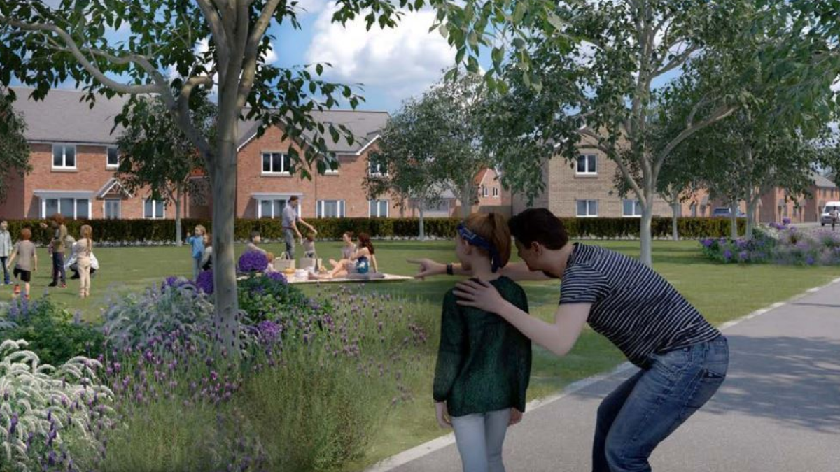 An artist's impression of the development with people enjoying the green space in the centre