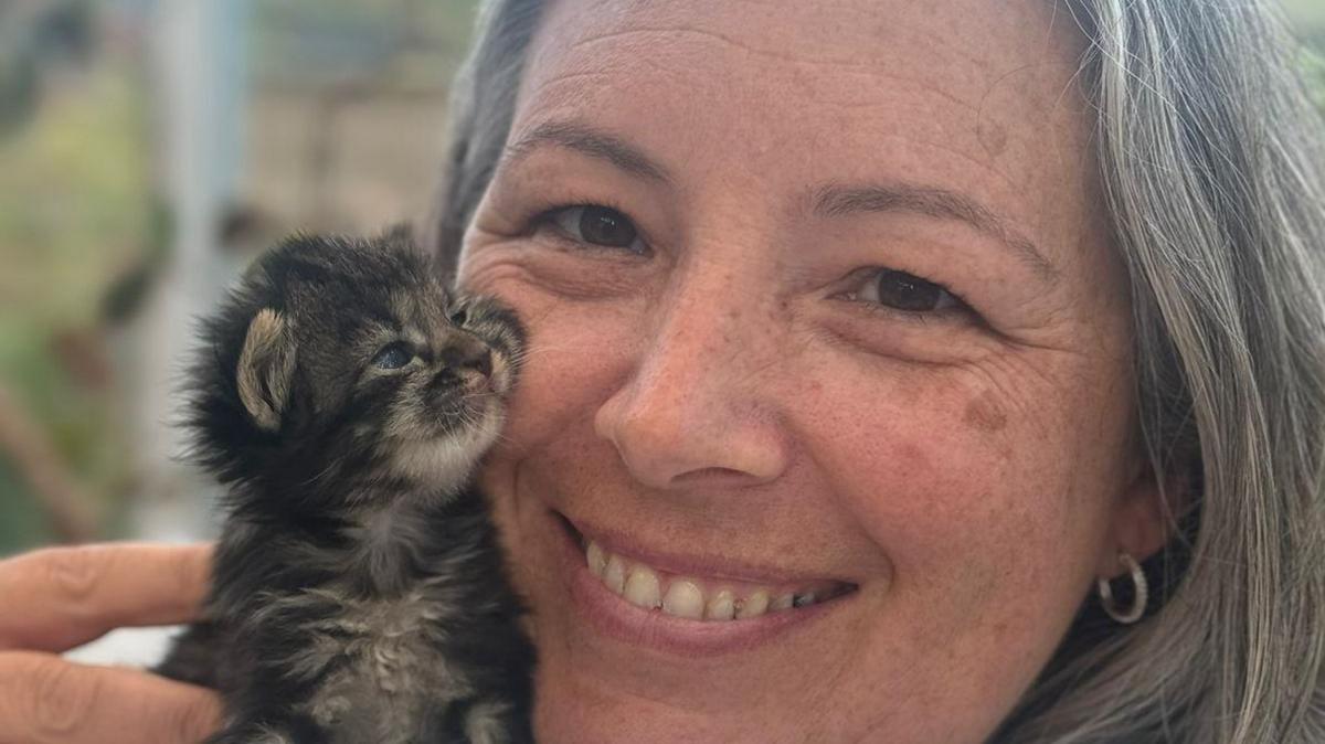 A close up of a woman smiling, with grey hair and brown eyes. A tabby kitten is leaning against her face and looking at her.