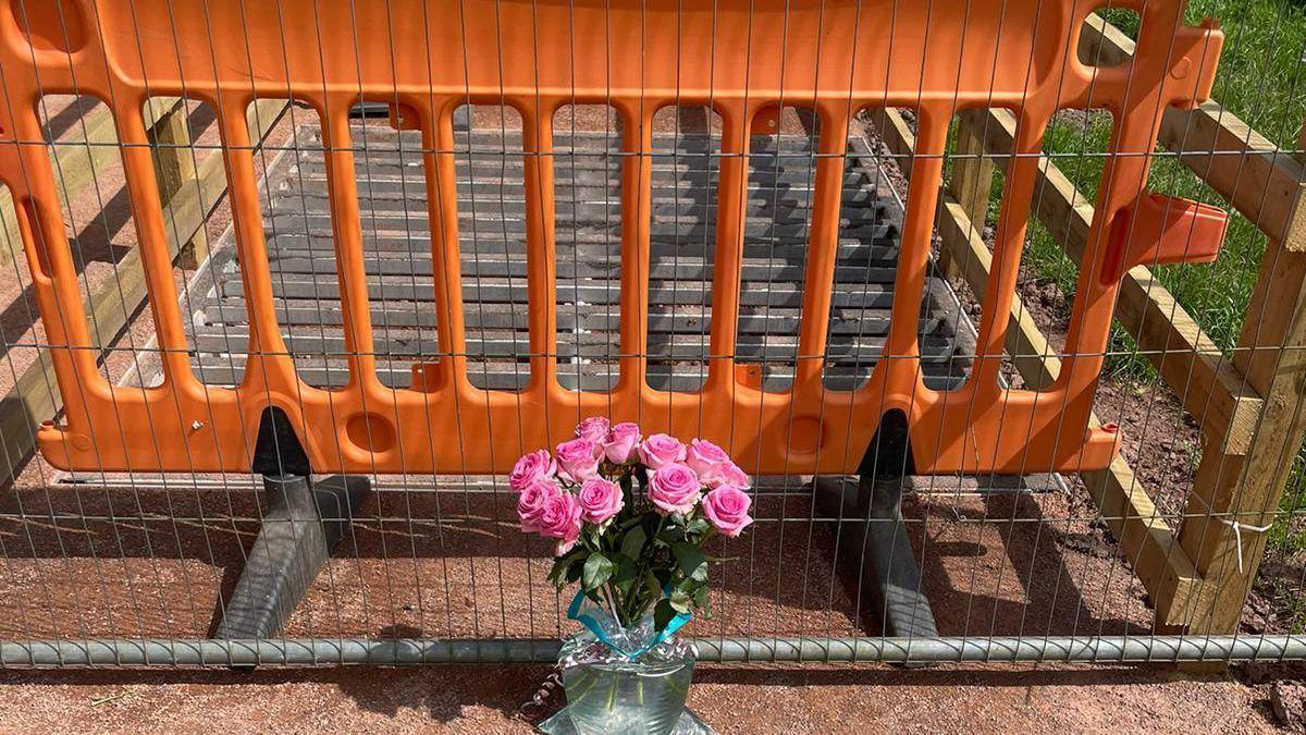 flowers in a front of a cordoned off cattle grid