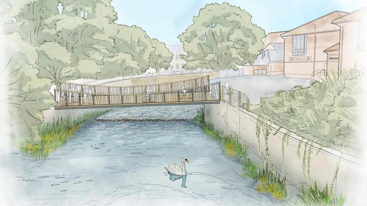 Artist's impression of how the area may look once the project is completed. A bridge can be seen spanning the river, over a small weir. 