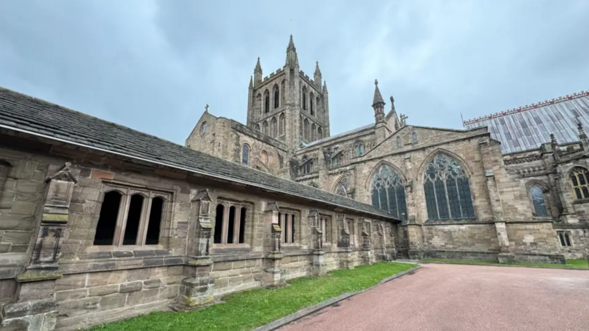 The exterior of Hereford Cathedral, as viewed from outside St John's Walk which links the main cathedral building to the College Cloisters.
