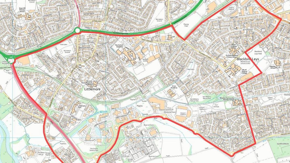 A map marking the specific areas where Section 35 will be enacted in Littlemore and the Blackbird Leys in red.