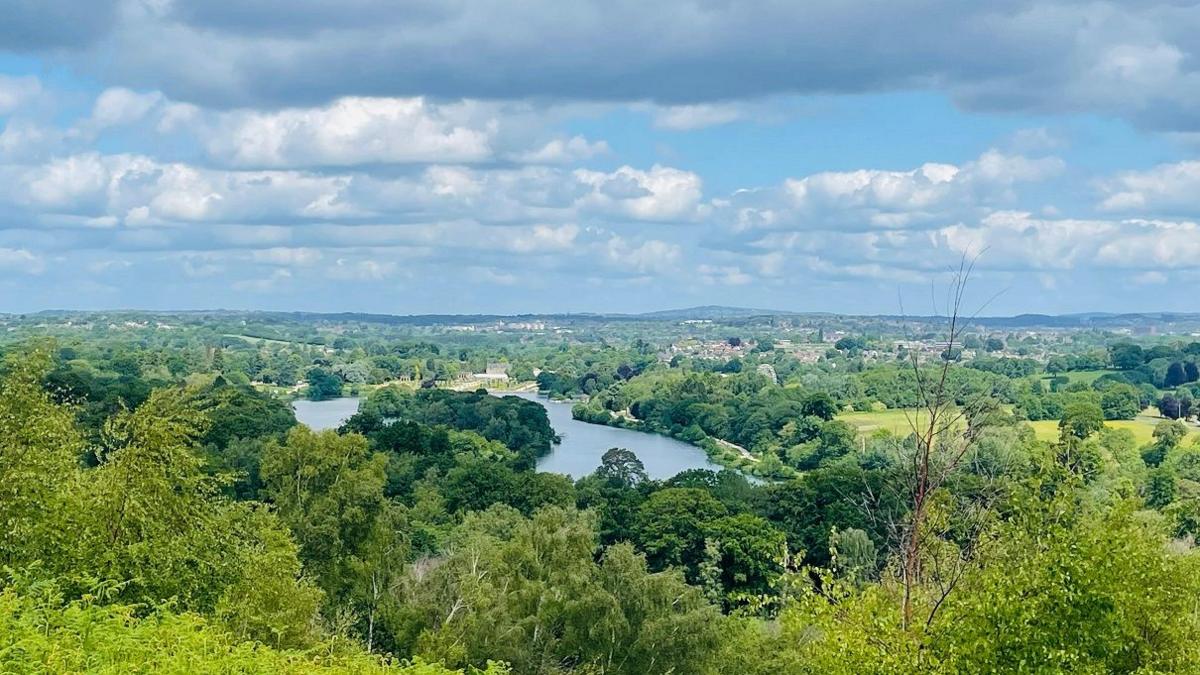 A view from on high of a lake surrounded by dozens of green trees with homes visible in the far distance.