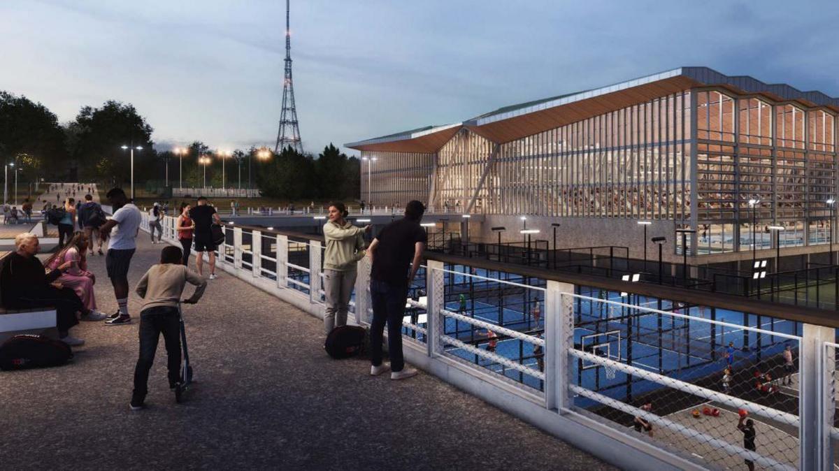 A CGI of an external view of the sports centre. A large swimming pool is visible inside, and tennis courts and padel courts outside.