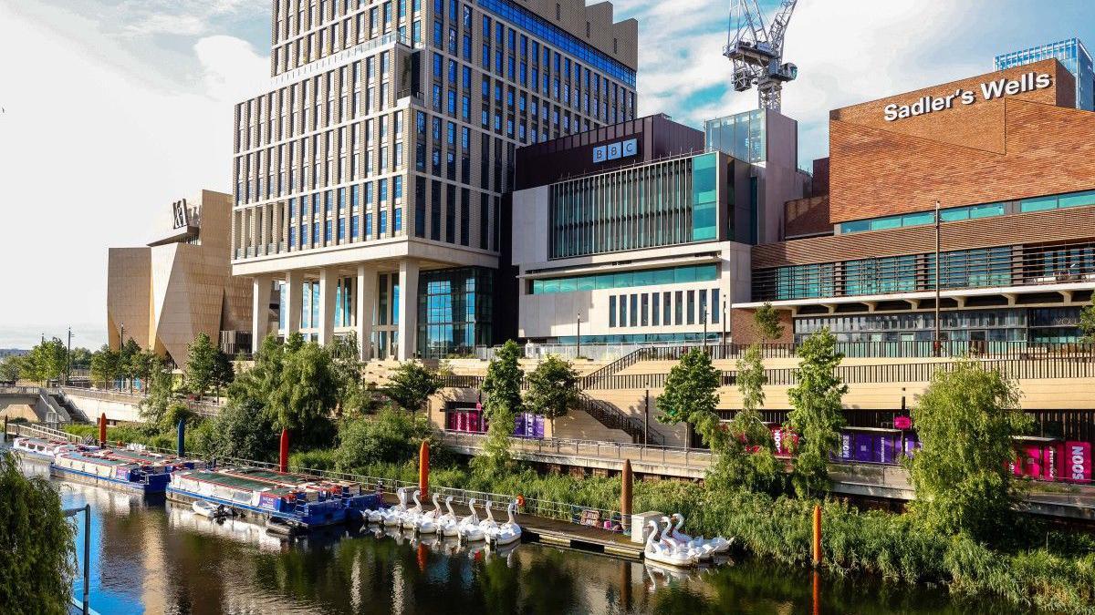 An artist's impression of Stratford Waterfront at Olympic Park in east London, showing waterfront buildings for the University of the Arts London, the BBC and others
