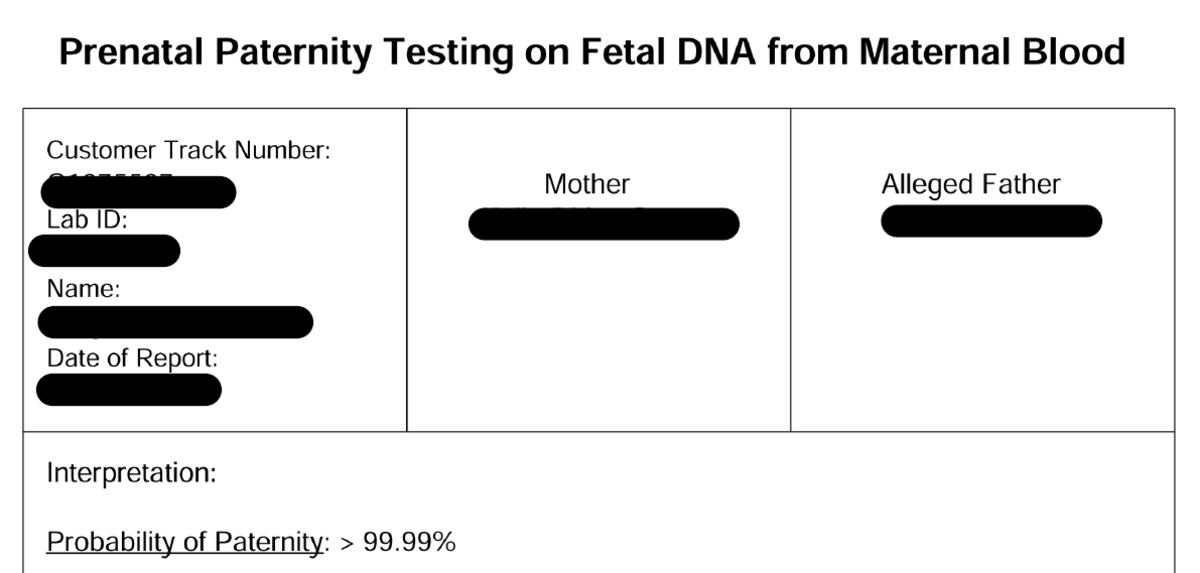 Image showing a piece of paper with the heading 'Prenatal Paternity Testing  on Fetal DNA from Maternal Blood.' Personal details are blacked out. Below, a sub-heading reads 'Interpretation: Probability of Paternity: greater than 99.99%'