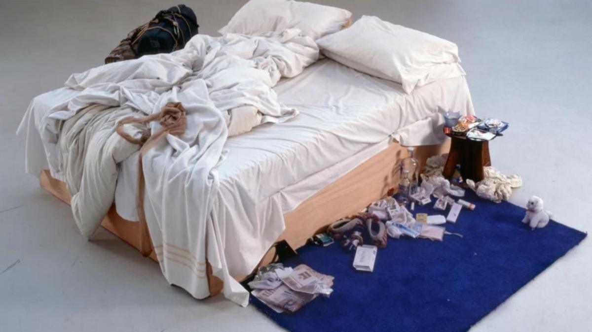 Tracey Emin's artwork My Bed is an unmade bed with lots of items strewn across the floor in front of it