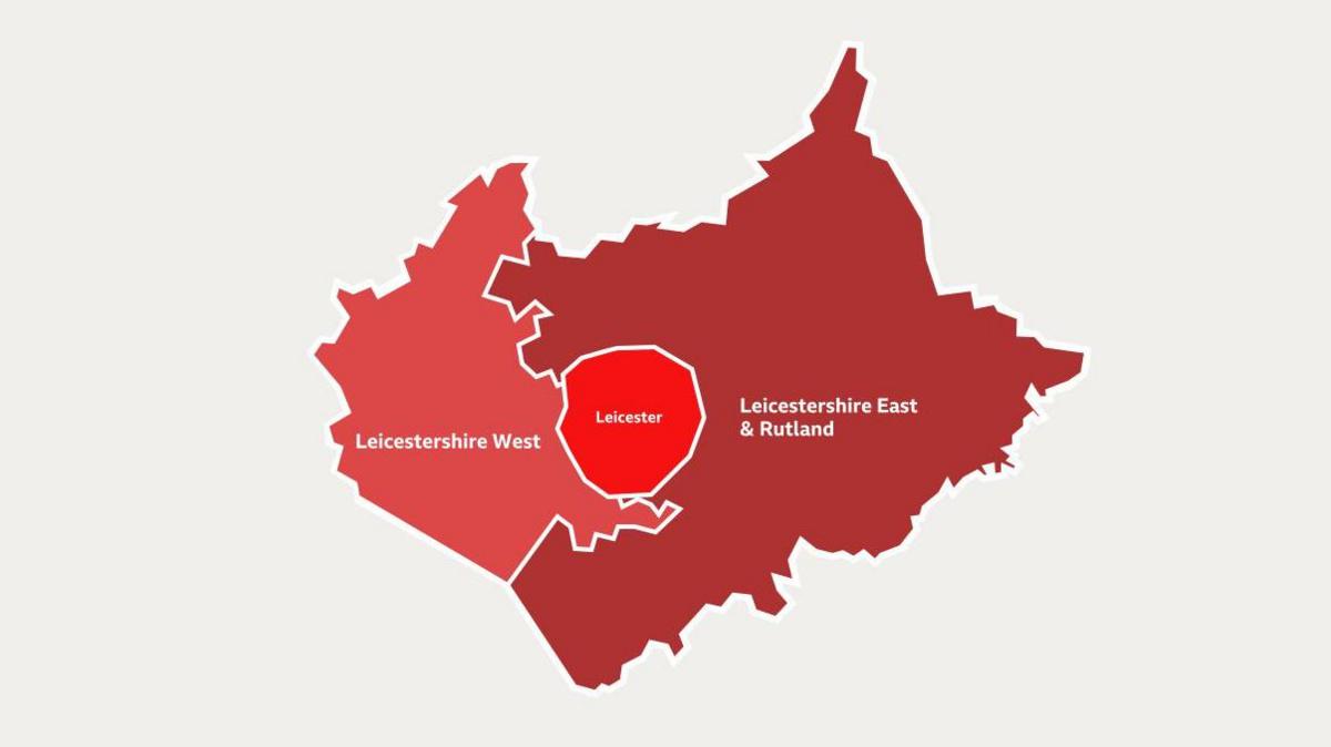 Map showing a possible scenario of local government reorganisation where Leicestershire and Rutland is split into two unitary authorities, with an enlarged Leicester city area remaining separate.