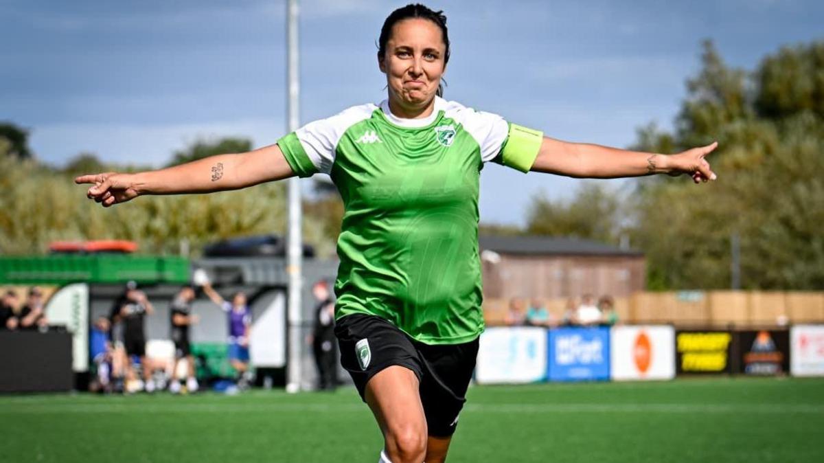 Footballer Candice Bougourd playing for Guernsey FC Women against Wimborne Town in the Southern Region Women's Football League Division One South