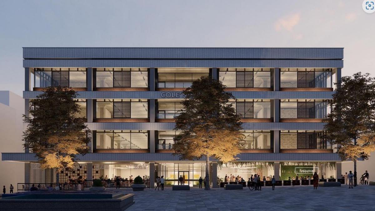 Artist's impression of what the frontage of the former Cole Brothers/John Lewis store in Sheffield city centre could look like, with trees and people t Barker's Pool in front