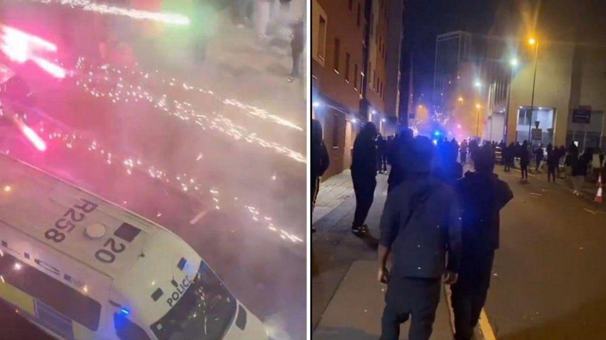 Two photos are side by side. One on the left shows fireworks and a police van. The image on the right includes people on a street wearing dark clothing.