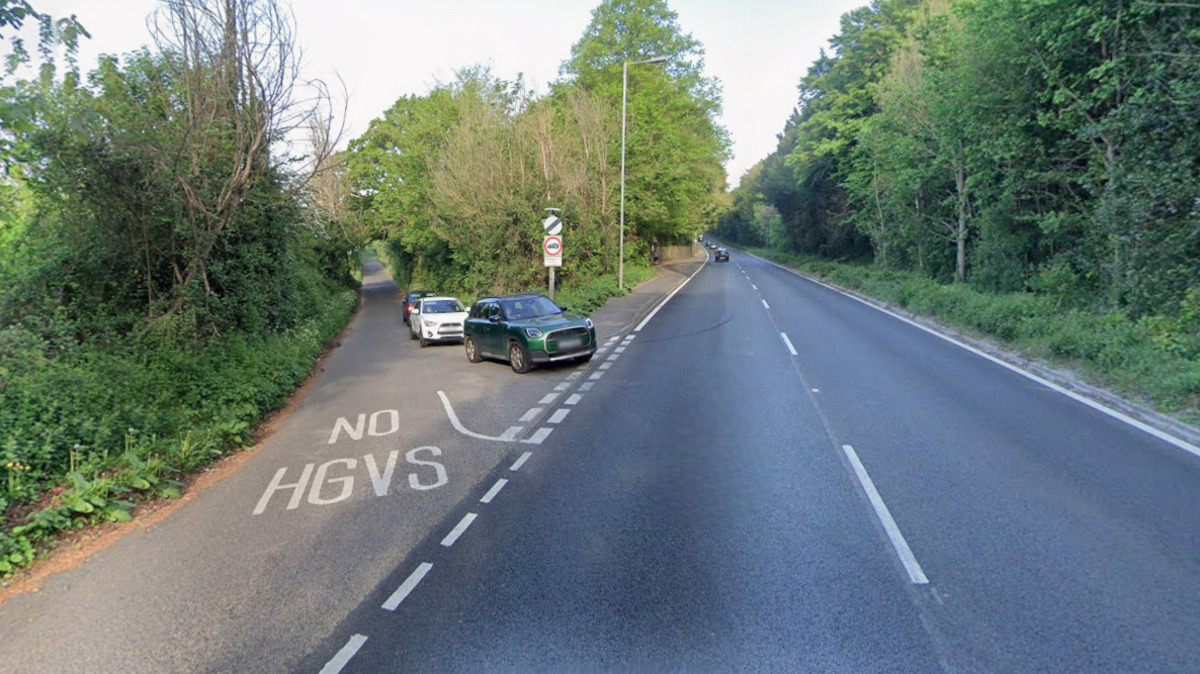 A screenshot from Google street view showing the A36 junction where the crash took place. It is a narrow sloped lane coming off a main road, with thick trees lining either side.