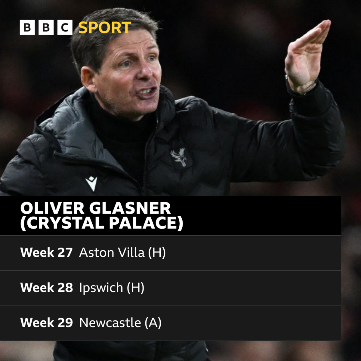 Crystal Palace have home games against Villa (week 27) and Ipswich (28) before a trip to Newcastle in 29