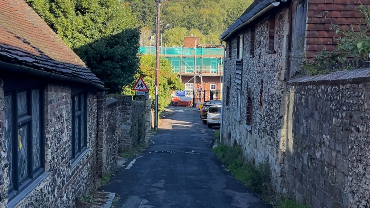 The narrow road which leads to Southover Primary School in Lewes