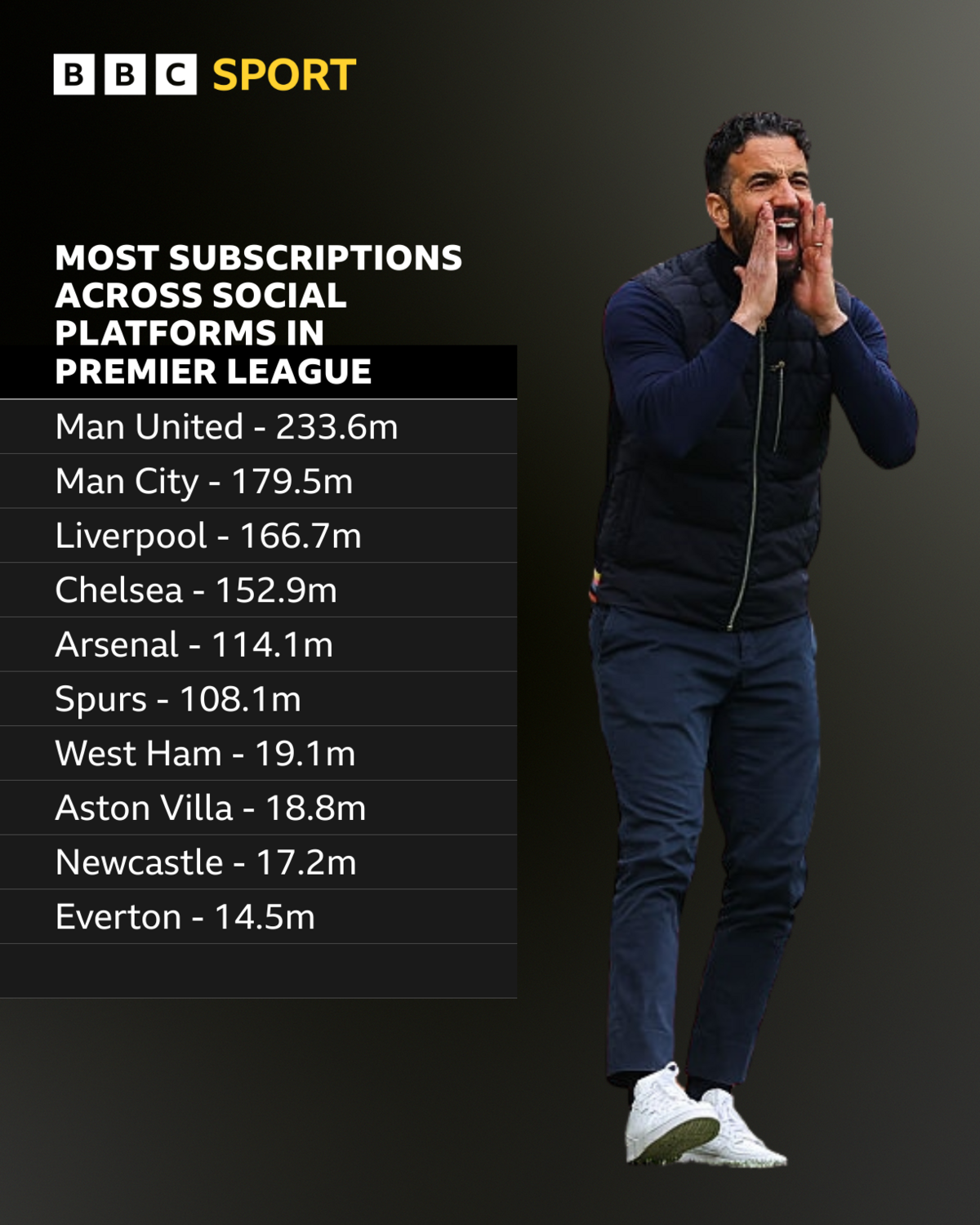 Most subscriptions across social platforms in Premier League