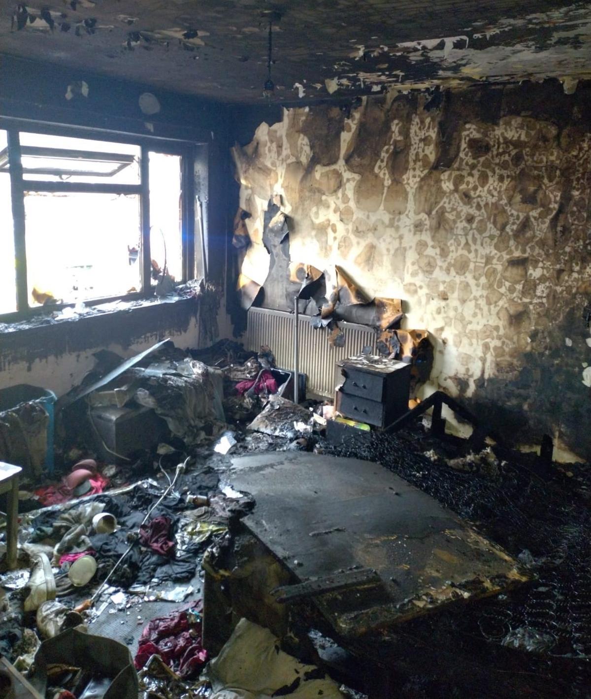 A bedroom that has been destroyed by a fire, in Basildon, Essex