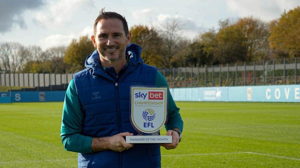 Coventry head coach Frank Lampard poses with the EFL Championship Manager of the Month award