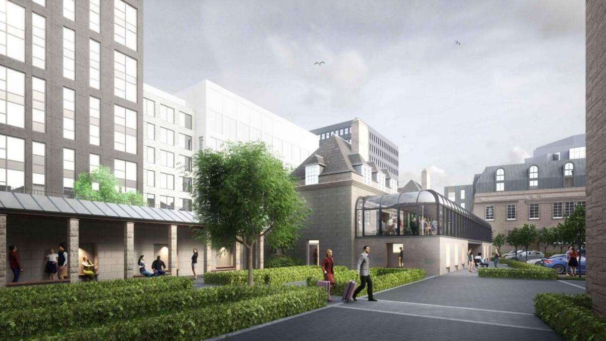 Artist impression of the former High School of Glasgow site. The building has a glass terrace and large windows. Green hedges line the pavement.