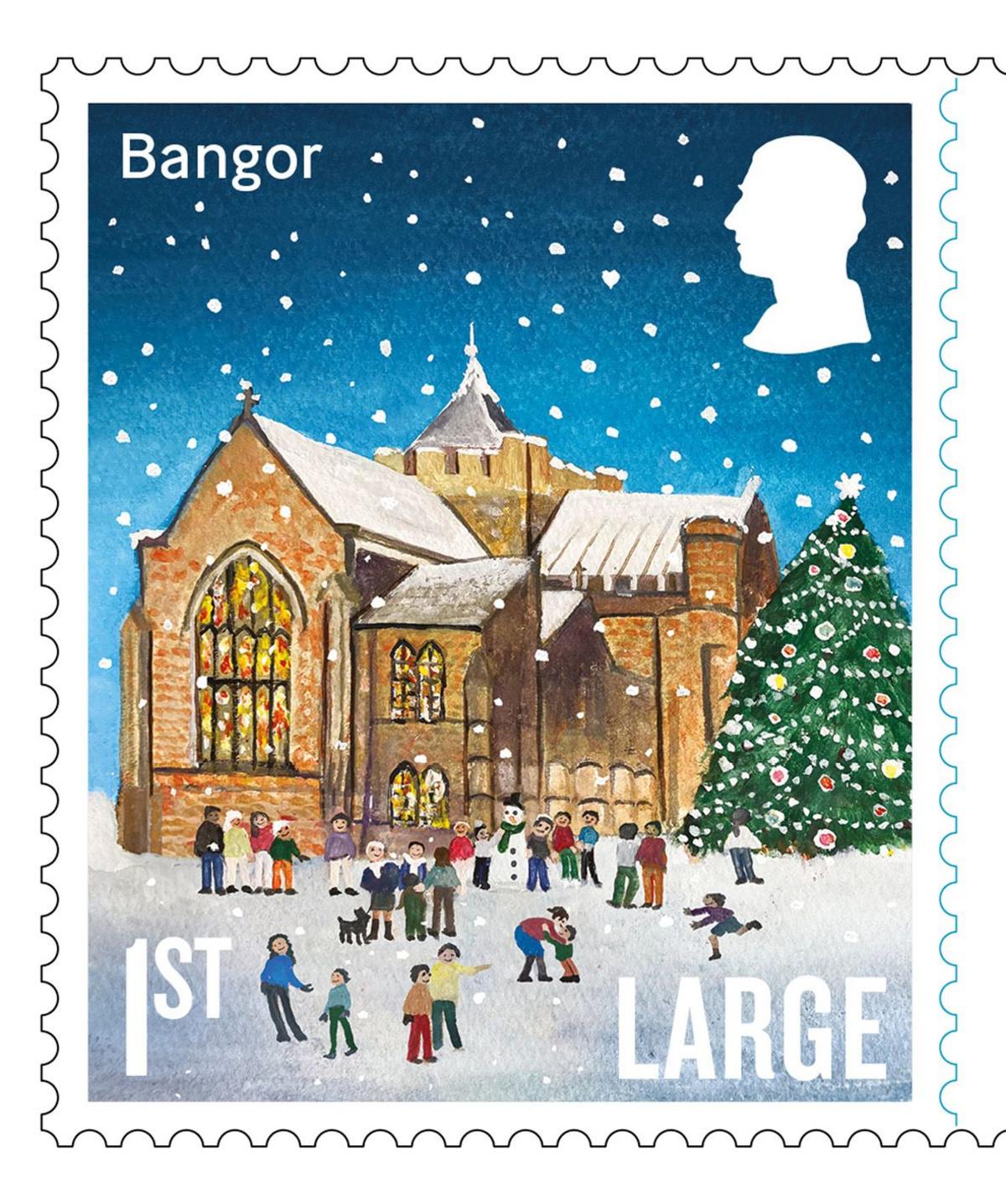 Photo issued by Royal Mail of one of their Christmas 2024 stamps, showing Bangor Cathedral.