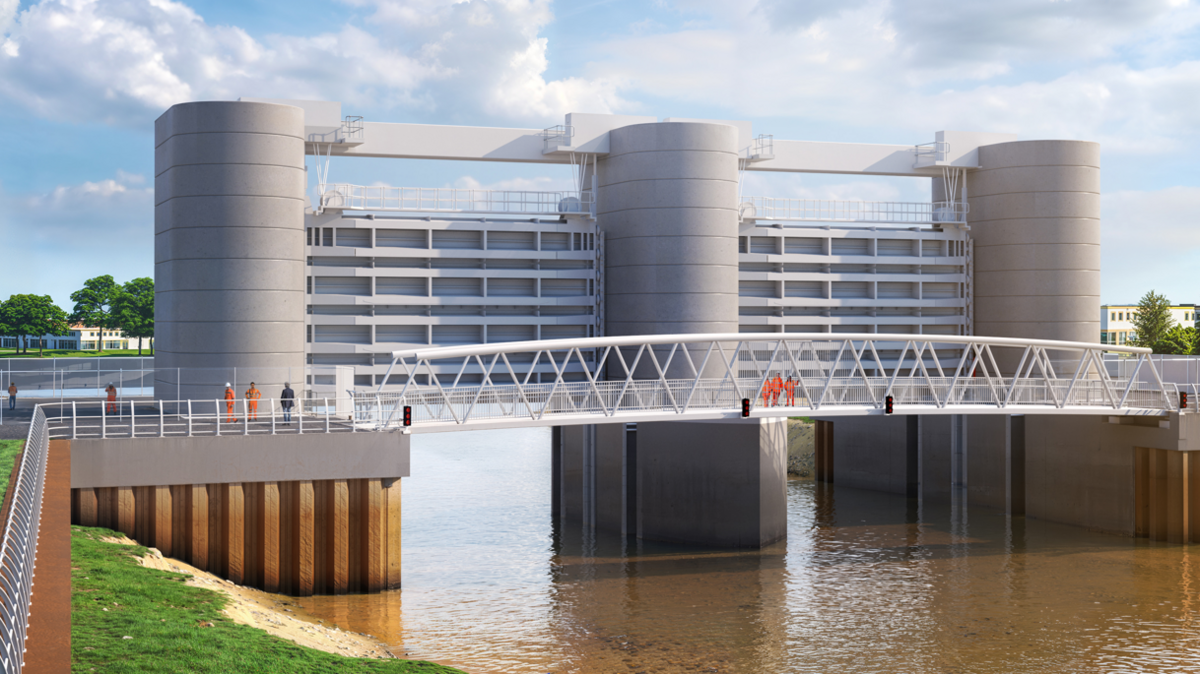 An illustration of the Bridgwater Tidal Barrier which includes three large pillars, two gates and a pedestrian walkway across a brown muddy river. Workers in high vis are shown on the bridge and grassy banks either side.