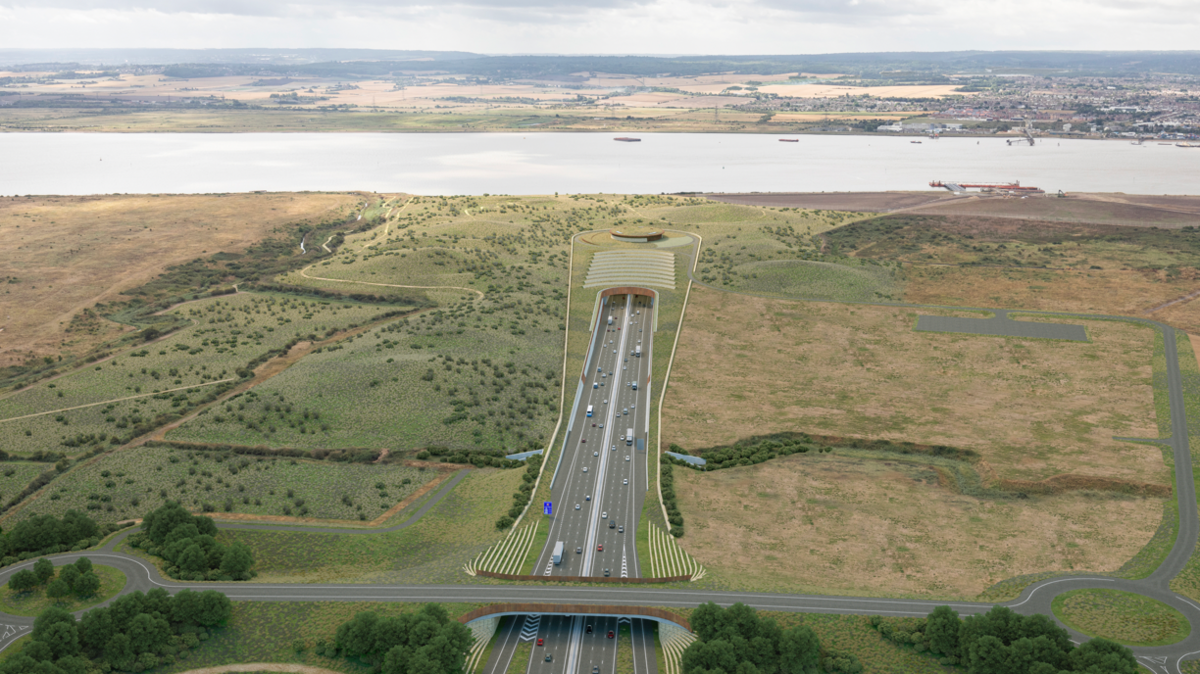 An artist's impression of the Lower Thames Crossing disappearing into a tunnel under the Thames Estuary.