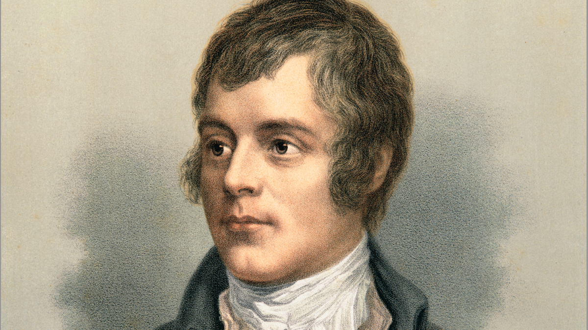 A portrait painting of Robert Burns. It is in muted colours.