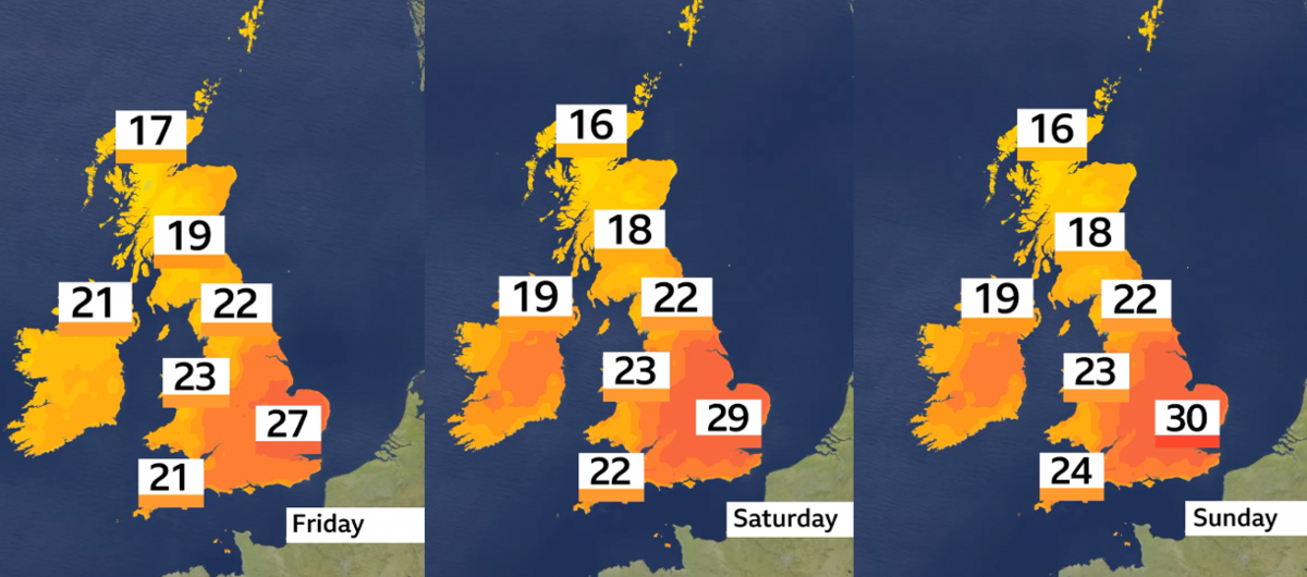 Three weather maps of the UK showing the expected top temperatures on Friday, Saturday and Sunday